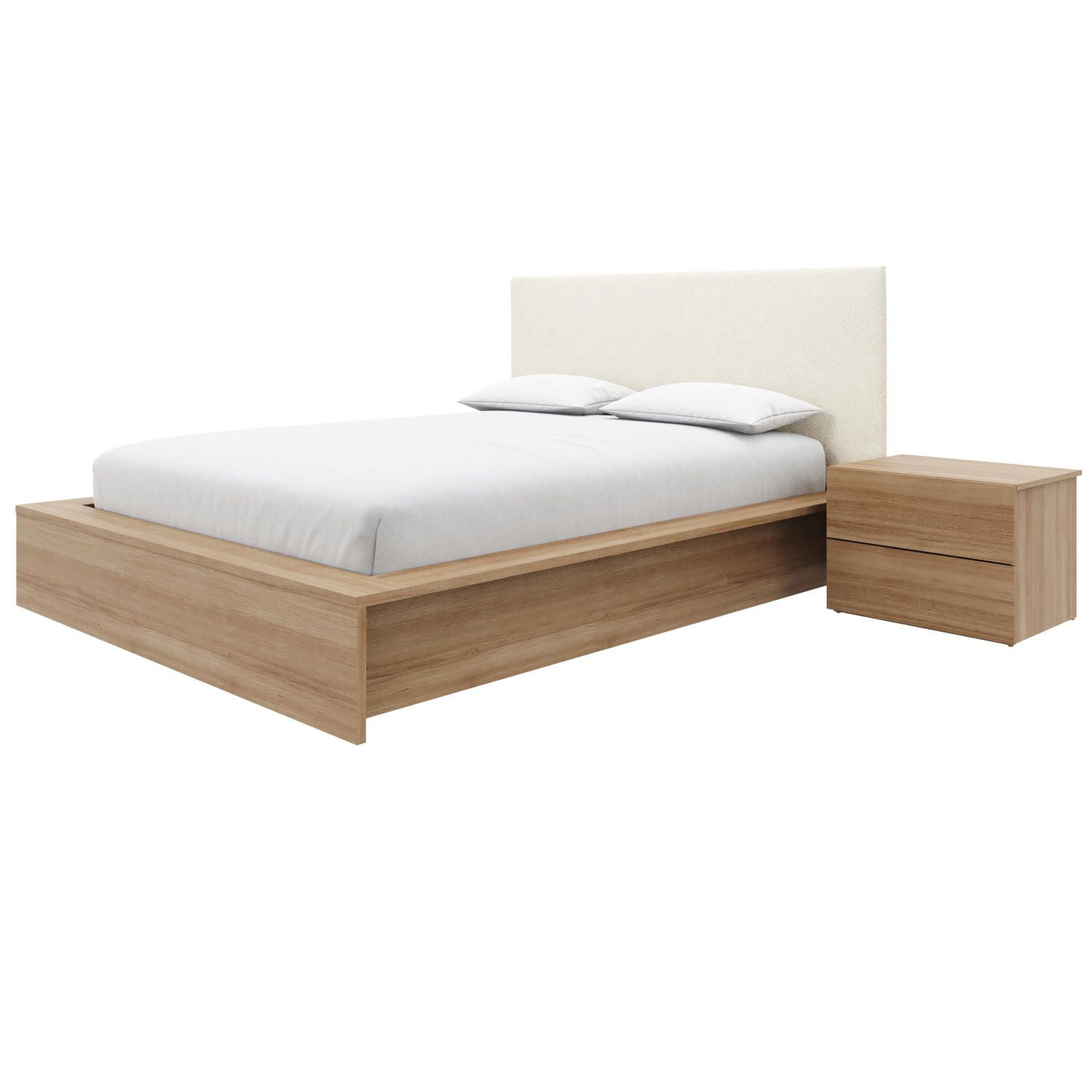 Ensemble de chambre à coucher Jane 3 pièces avec lit queen size, tête de lit rembourrée et table de chevet