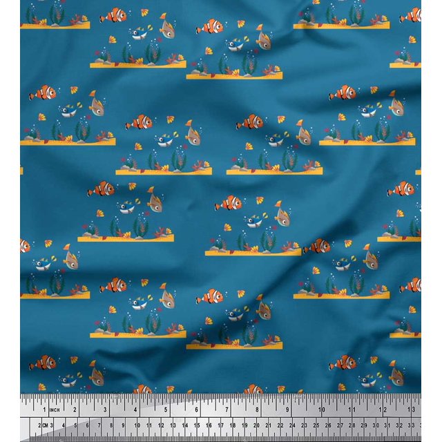 Soimoi Poly Georgette Fabric Coral & Fish Ocean Decor Fabric Printed Yard 42 Inch Wide