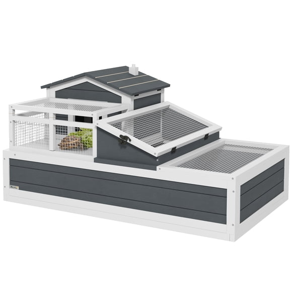 PawHut Maisonnette en Bois pour Tortue avec Balcon et Rampe Intérieur/extérieur, Gris