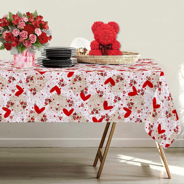 Valentines Day Tablecloth Rectangle 60x84 Inch, Valentine Tablecloth Lace Flower Red Rose Heart Table Cloth Cover for Dinner Party Wedding Decor