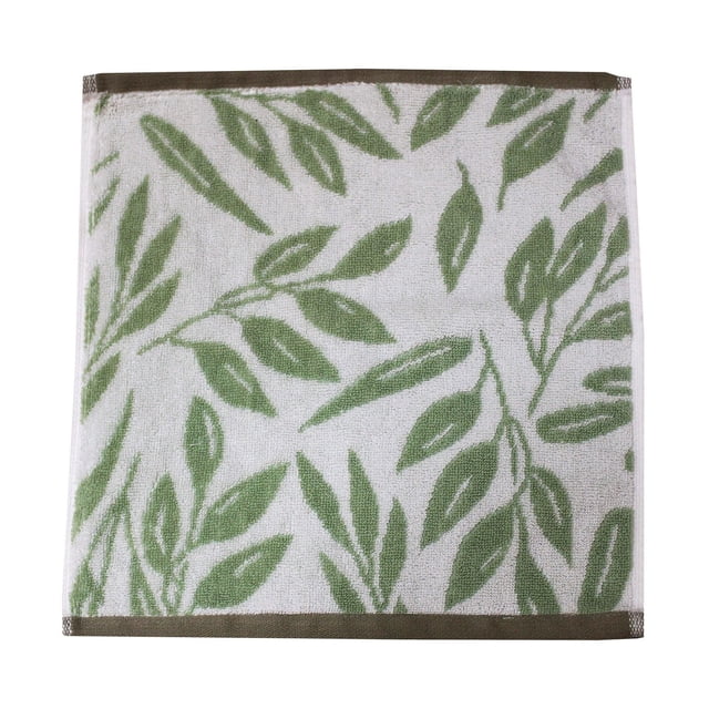 Hometrends Débarbouillette Mode avec Motif jacquard Teint au Fil à Feuilles Vertes sur Tissu de Coton Blanc, Mesurant 13 X 13 Pouces avec Bordure Vert olive, Lavable à la machine et Absorbante, Convient pour la Salle de Bain, la Cuisine Ou la Plage.