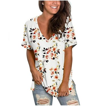 AMERTEER Femmes Décontracté Confort Col en V Haut Imprimé Coupe Ample Manches Courtes Chemise T-shirt pour Femmes