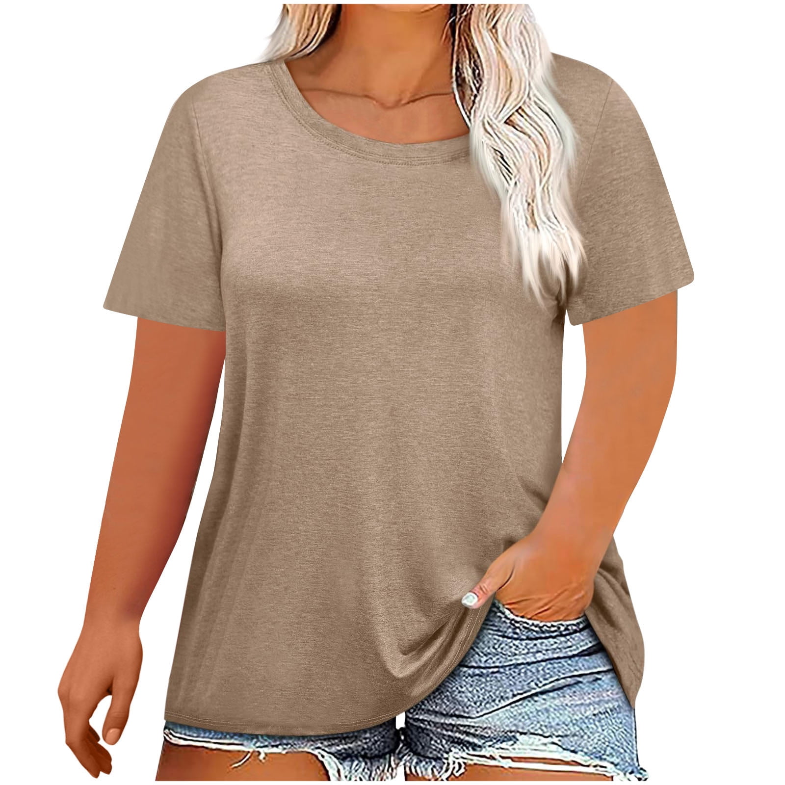 Cameland Plus Size Tops for Women Loose Solid Color Tops Round Neck Pullover Blouse Fashionable Durable Short Sleeve Tops