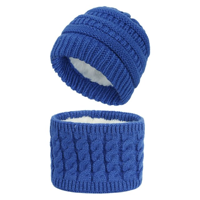 2Pcs/Set Baby Infant Winter Knitted Beanie Cap Hat Plush Liner Warm Neck Scarf
