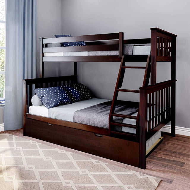 BEDSMART Solid Wood Twin Over Full Bunk Bed With Trundle | Espresso