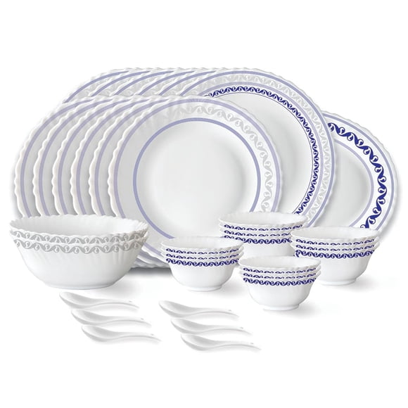 Larah Jazzblue Fluted Series Opalware Dinner Set - 33 Pieces For Family Of 6, White | Crockery Set For Dining & Gifting - Bone Ash Free, Microwave & Dishwasher Safe