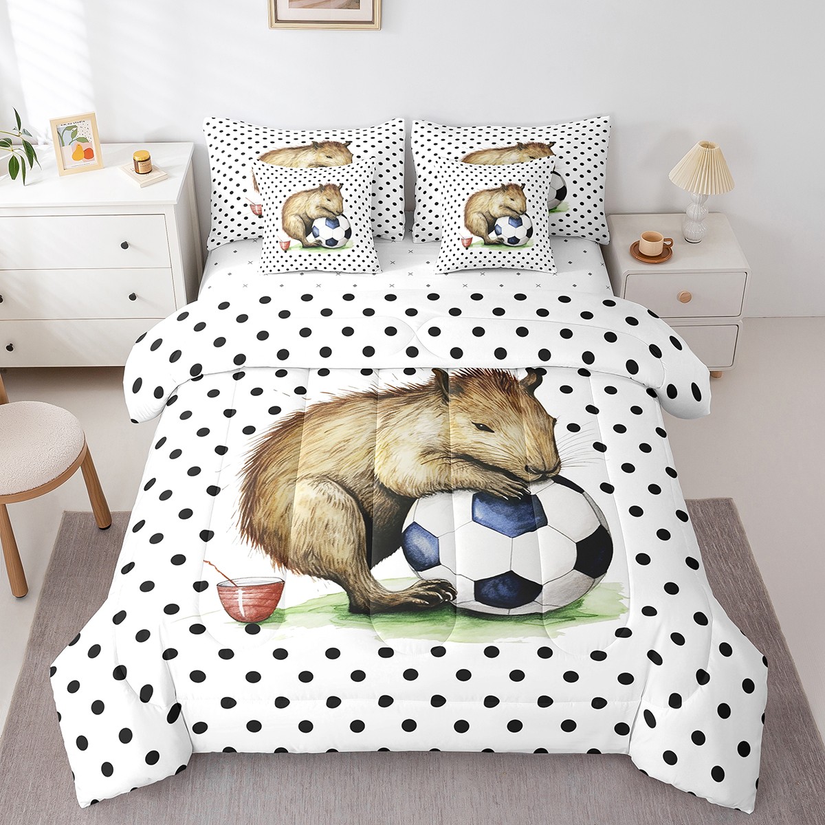 YST 7Pcs Comforter Set, Cute Capybara Bed in a Bag, Cartoon Brown Capybara Sleeping On Soccer, Queen Size