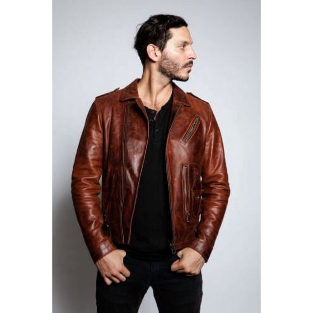 Brown Distressed Motorcycle Jacket With Asymmetrical Zipper Closure Mens Brown Leather Motorcycle Jacket Brown Leather Biker Jacket For Men size M