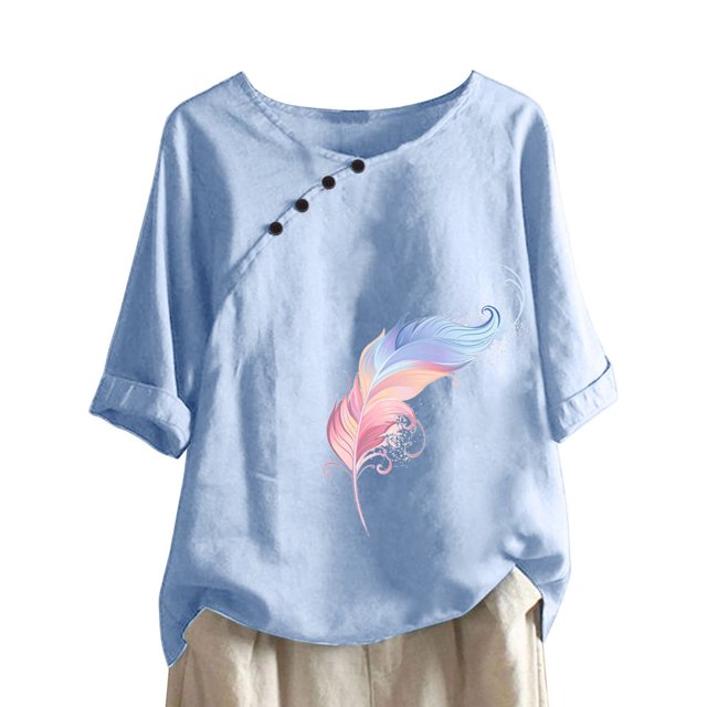 CHUANK Hauts pour Femmes en Liquidation à Moins de 10$ Hauts pour Femmes Décontractés Printemps Été Manches Longues Coton Lin Imprimé Graphique Pissenlit Col Rond Blouses Vintage Grande Taille