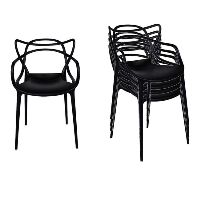 Master Style Plastic Chair Modern Mid Century in black, shown front-facing and stacked in a set of five. Made of durable molded polypropylene with a curved open-back design, armrests, and slender legs. Stackable for indoor and outdoor use, ideal for patios and restaurants.