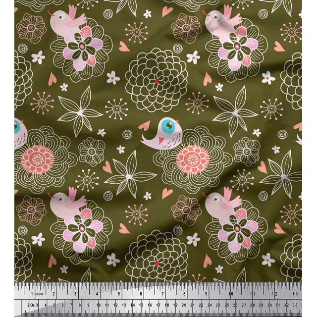 Soimoi Moss Georgette Fabric Heart,Floral & Bird Kids Print Fabric by Yard 42 Inch Wide