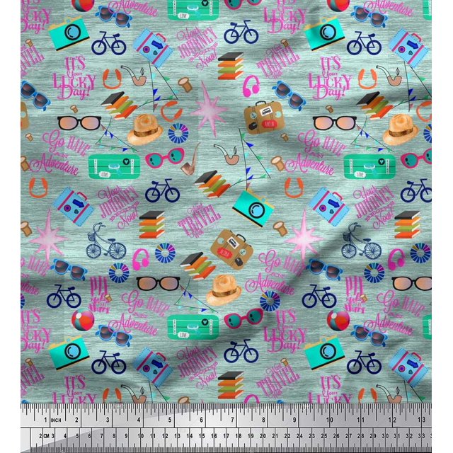 Soimoi Modal Satin Fabric Camera,Hat & Briefcase Travel Printed Fabric 1 Yard 42 Inch Wide