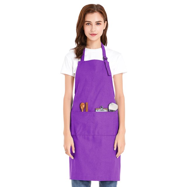 (Price/each)Opromo Unisex Cotton Canvas Adjustable Chef Kitchen Aprons with 2 Pockets-Purple-L