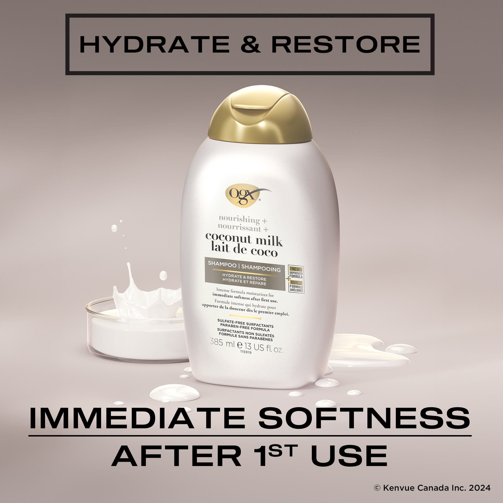 OGX Nourrissant + Lait de Coco Shampooing Hydratant, Shampooing Hydratant & Réparateur Hydrate pour des Cheveux Doux dès la Première Utilisation, Sans Parabènes, Surfactants Sans Sulfates