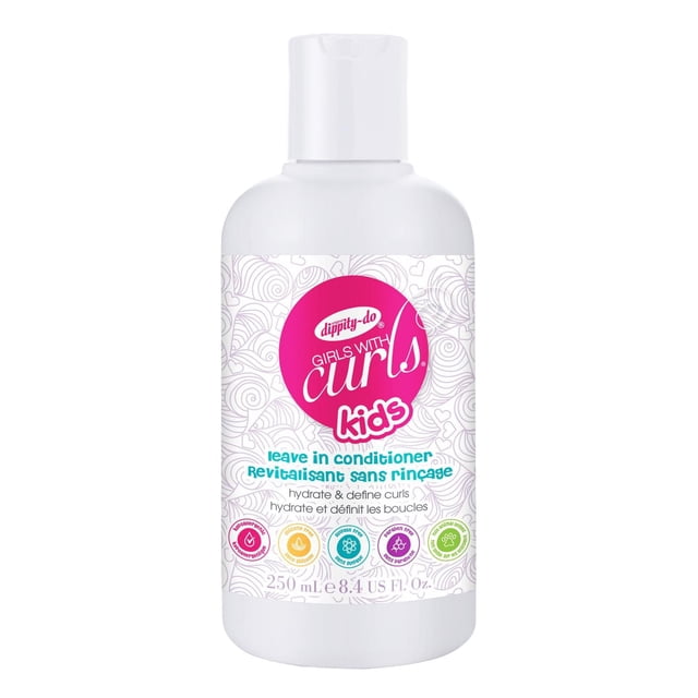 GIRLS WITH CURLS KIDS Leave In Conditioner Cream in a white 250 ml bottle with a pink circular logo and patterned label, designed to hydrate and define frizzy, curly, and coily hair, hypoallergenic and free of silicone, sulfates, and parabens.