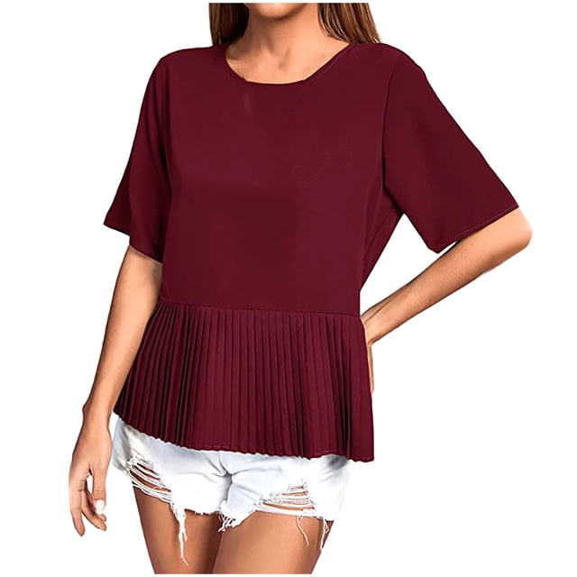 Timegard Hauts pour Femmes Plissés Col Rond Bouton Arrière Manches Courtes Blouse Décontractée Ample Couleur Unie Été