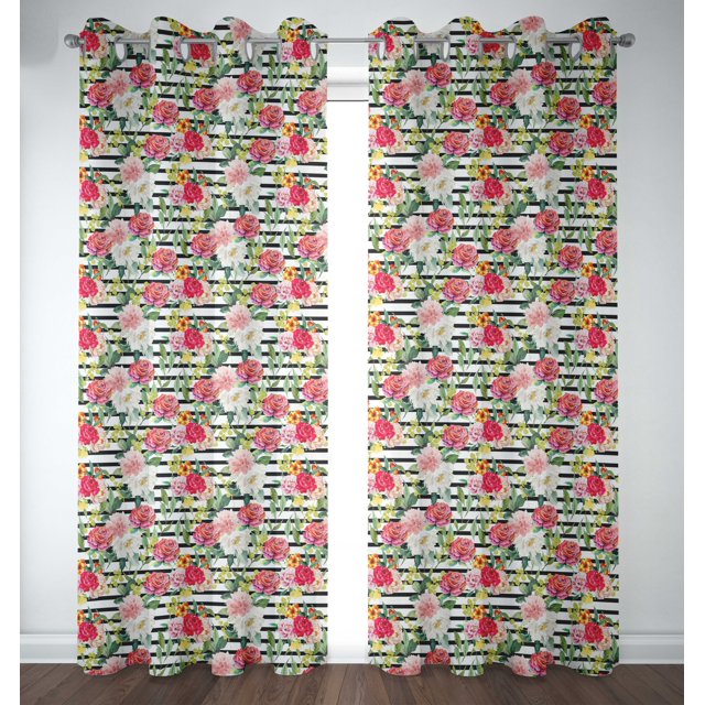 Soimoi Blanc Rayon Tissu Rayé & Grandiflora Roses Imprimé Floral Tissu par Yard 42 Pouces de Large