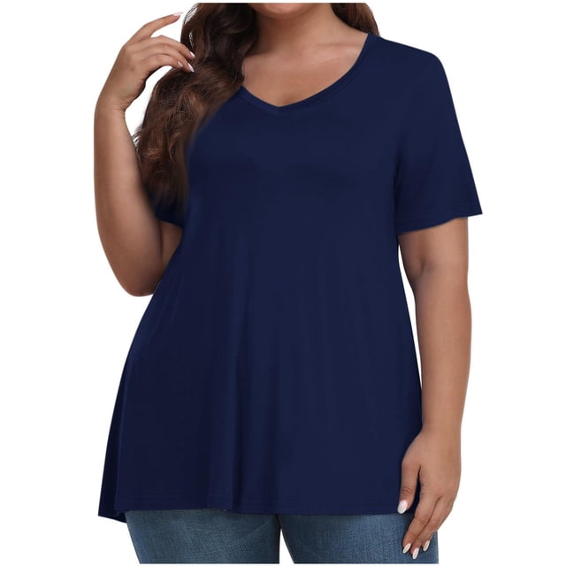 Timegard Womens Summer Tops Plus Size V-Neck Short Sleeve Comfy Long Tops Basic Tee Casual Loose Blouse