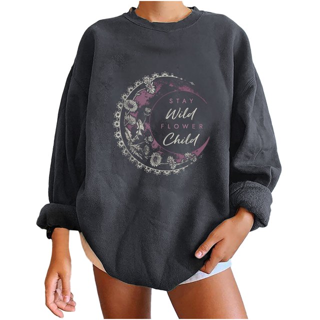 Pompotops Pull Sweat-Shirt Surdimensionné en Molleton à Manches Longues Imprimé Col Rond Femmes