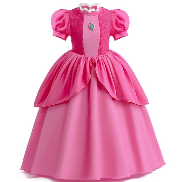 KAWELL Princess Peach Costume pour Filles, Super Frères Enfants Princess Peach Robe Halloween Cosplay Déguisement