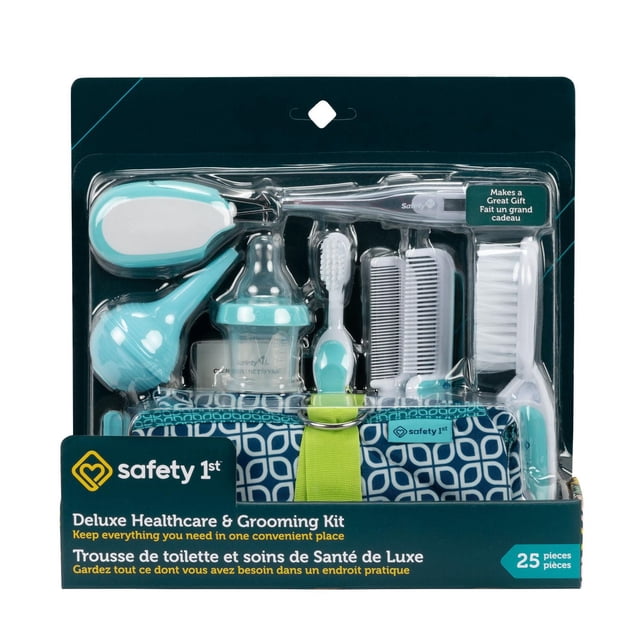 Safety 1st Deluxe Healthcare & Grooming Kit in Arctic Blue with a zippered clutch case featuring clear compartments, 3-in-1 thermometer, toddler toothbrush with chunky handle, nasal aspirator, bottle medicine dispenser, gentle care brush and comb, cradle cap comb, and baby bottle, offering essential baby healthcare and grooming tools in one compact set.