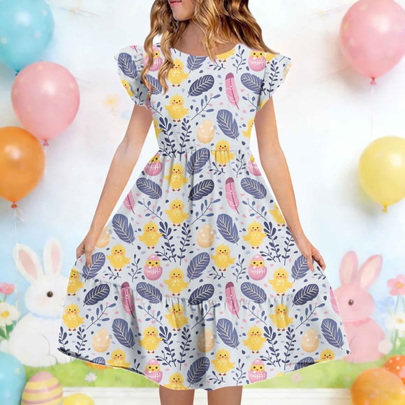 EGNMCR Short Sleeve Round-Neck Dress Children's Summer Printing Double-Layer Pleated Sleeve Dress For 5-14 Years Old Children Dress