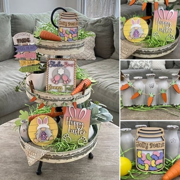 Pisexur Easter Decorations - 6 Pieces Easter Tiered Tray Decor Farmhouse Mini Wood Signs Decorations for Easter Bunny Gnomes Candy Carrot Happy Easter Sign Party Decoration