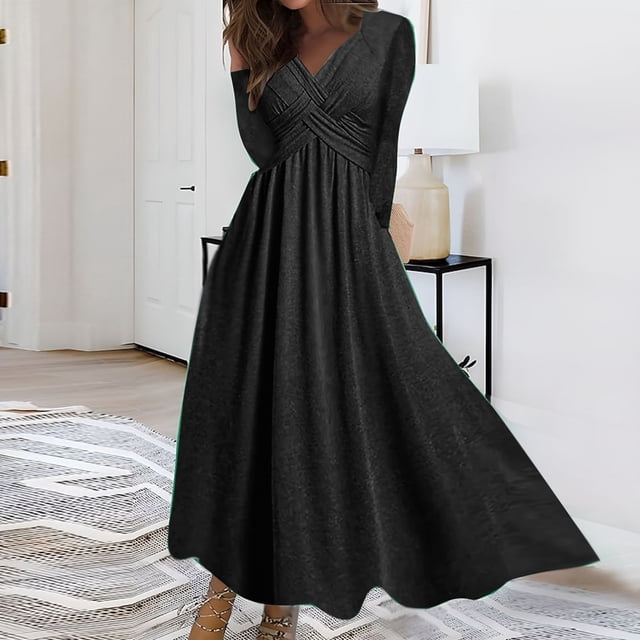 Pisexur Robe à Manches Longues à Col en V pour Femme Automne Hiver Décontractée Ample Couleur Unie Robe Longue à Manches Longues à Col en V Robe pour Femme