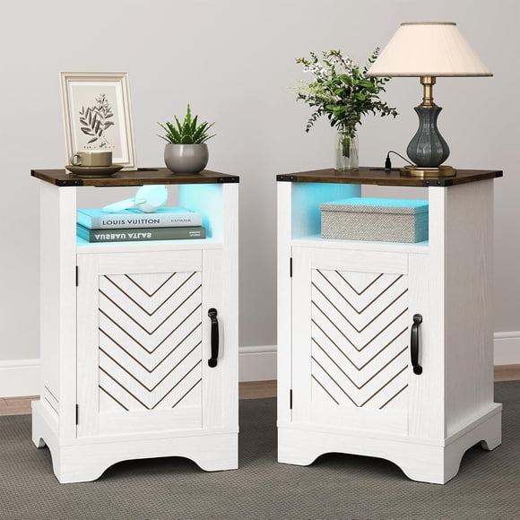 RoyalCraft Nightstand w/ LED Lights & Charging Station, Set of 2, Antique White