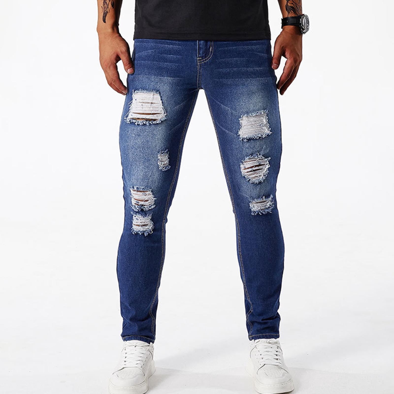 Yaoyar Men's Washed Distressed Denim Jeans Solid Color with Pockets Stretch Slim Fit Tapered Ankle Modern Street Style Denim Pants,29,Dark Blue