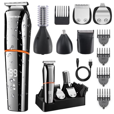 PRITECH Tondeuses à Cheveux, Tondeuse à Barbe, Kit 6 en 1 Tondeuse Électrique Sans Fil pour le Nez Tondeuse de Toilettage pour Hommes pour Barbe Tête Visage et Corps Étanche IPX7 Rechargeable par USB Affichage de Puissance à DEL