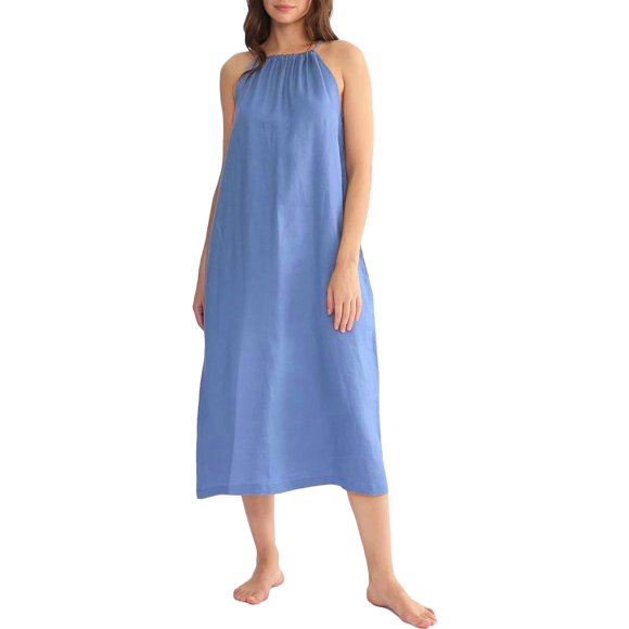 Yubnlvae Bleu 1 Robe pour Femme en Coton et Lin avec Encolure Sans Manches et Couleur Unie., L
