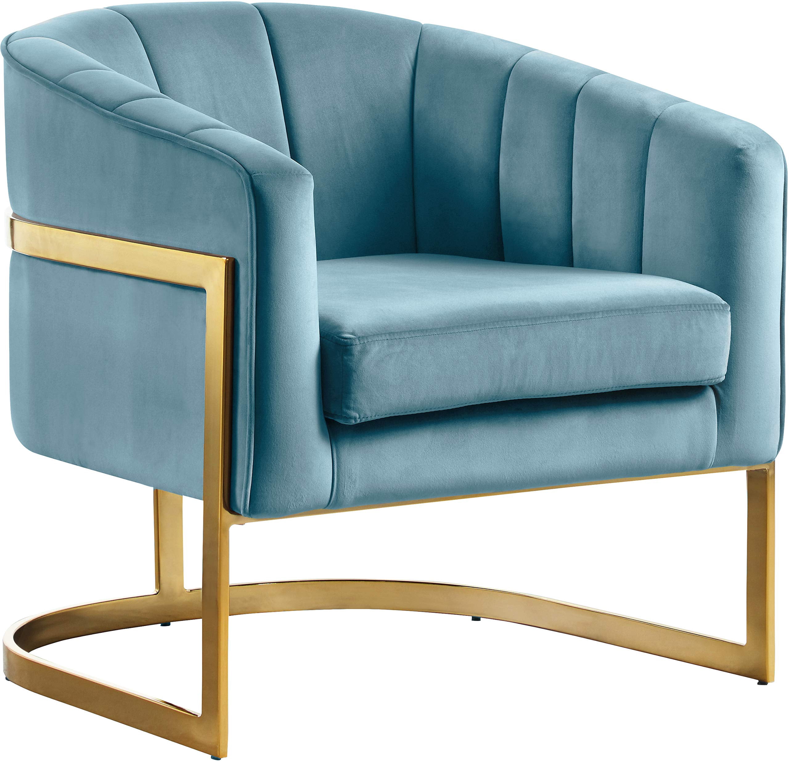 Meridian Furniture Carter Collection Fauteuil d'Appoint Moderne / Contemporain Rembourré en Velours à Dossier Tonneau avec Base en Acier Inoxydable Doré, Aqua, 29 Pouces L x 27.5 Pouces P x 31 Pouces H