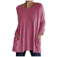 thumbnail image 1 of KIHOUT Spring Winter Womens Tops New Round Neck Long Sleeve Loose Pocket Solid Color Casual Top, 1 of 4