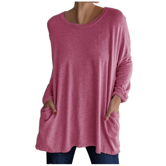 KIHOUT Spring Winter Womens Tops New Round Neck Long Sleeve Loose Pocket Solid Color Casual Top
