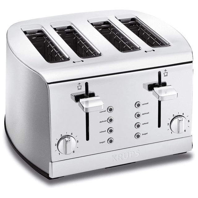 Krups KH734D51 Signature Grille-Pain 4 Tranches en Acier Inoxydable au design Moderne. Comprend six Niveaux de Brunissage, des Fentes Extra Profondes, des Leviers à Soulèvement Élevé et des Réglages Dédiés pour bagels, Décongélation et Réchauffage. Idéal pour les Déjeuners en Famille, avec un Plateau à Miettes Amovible pour un Nettoyage Facile.