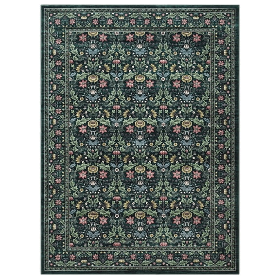 Tapis Lavable – 5x7ft Antidérapant, à Poils Courts, Tapis Botanique Floral pour Salon, Chambre, Salle à Manger, Salle de Jeux, Bureau – Résistant aux Marques, Doux Décor Vintage de Style Ferme – Vert – 5x7ft (152x213cm)