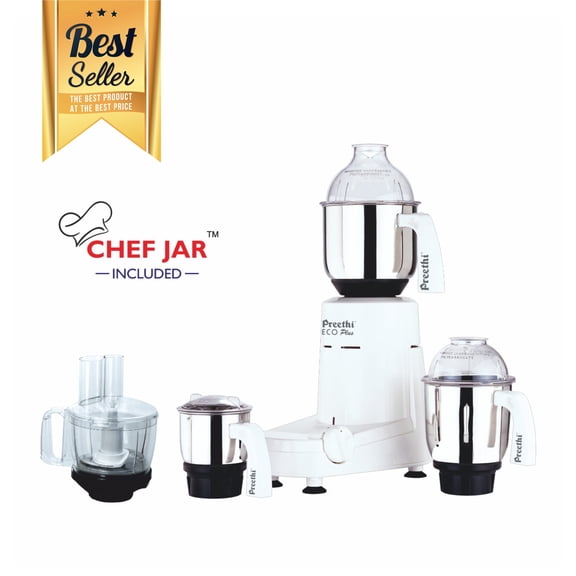 Preethi Super Grind Eco Plus Mixer Grinder Blender 550W/ 110V, Stainless Steel Blades with Chef Jar, Food Processor Attachment