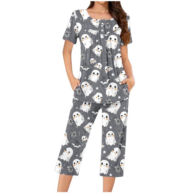 Jamicy Pyjama Mignon pour Femmes Pyjama pour Femmes à la Mode Décontracté Ample Imprimé Col Rond à Boutons Pantacourt Ensemble de Pyjama Pyjama d'Halloween