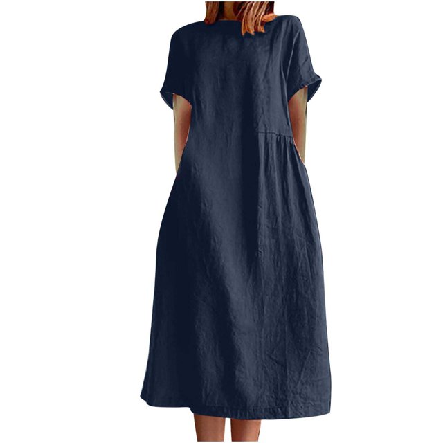 Birdeem Womens Summer Fashion Solid Color Round Neck Short Sleeve Cotton Linen Dress
