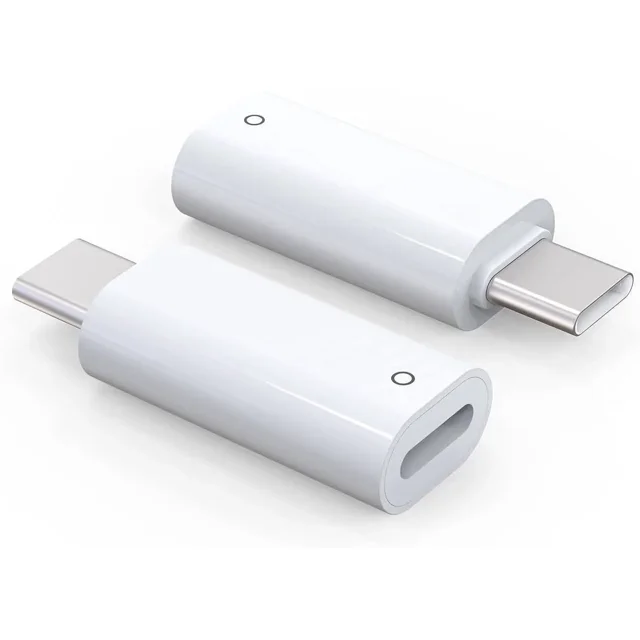 USB C Pencil Adapter designed for Apple Pencil 1st Gen, shown in a 2-pack configuration. The adapters feature a USB-C male connector on one end and a lightning female port on the other, designed for charging and connecting the Apple Pencil 1st Gen to iPad 10th/11th A16 2025 Gen. The compact, white adapters are compatible exclusively with these devices and support direct charging without the need for additional cables.