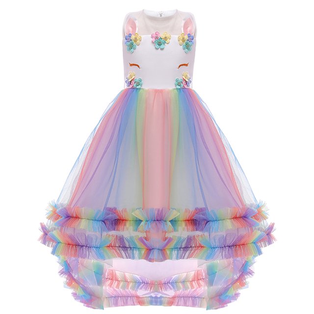 HAWEE Filles Unicorn Costume Princesse Longue Maxi Robe en Tulle à Fleurs pour Fête d'Anniversaire Carnaval Cosplay