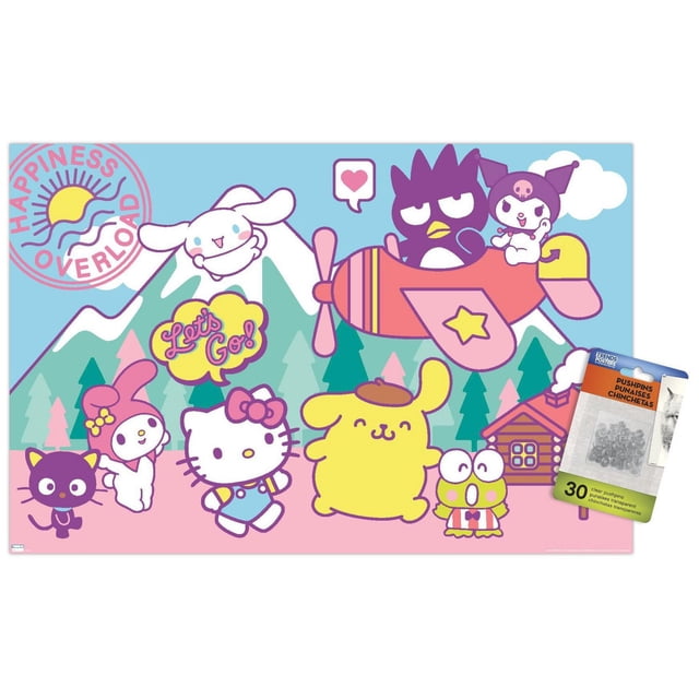 Hello Kitty and Friends - Happiness Overload Wall Poster, 14.725" x 22.375" framed, depicting Hello Kitty, My Melody, Pompompurin, Keroppi, Badtz-Maru, Kuromi, Chococat, and Cinnamoroll in a colorful mountain scene with pine trees, a log cabin, and a red airplane. The poster includes a 'Let's Go!' speech bubble and a 'Happiness Overload' sun emblem, with a premium satin finish and lightweight frame suitable for bedrooms, offices, or dorms.