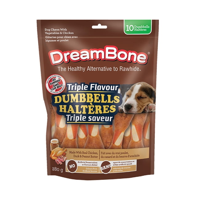 DreamBone Triple Flavor Dumbbells dog chews with peanut butter in a 280g resealable brown bag featuring a sleeping puppy, rawhide-free and made with real chicken, duck, and peanut butter, free from artificial preservatives and colours, a healthy alternative to rawhide.