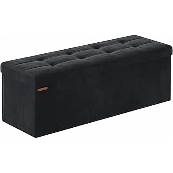 SONGMICS Storage Ottoman, Foldable Velvet Storage Bench, Footrest Stool, 15 x 43.3 x 15 Inches, Ink Black