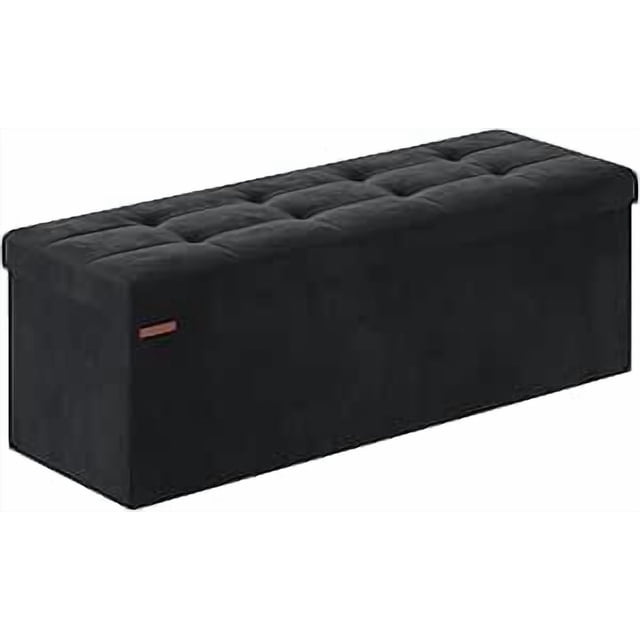 SONGMICS Storage Ottoman, Foldable Velvet Storage Bench, Footrest Stool, 15 x 43.3 x 15 Inches, Ink Black