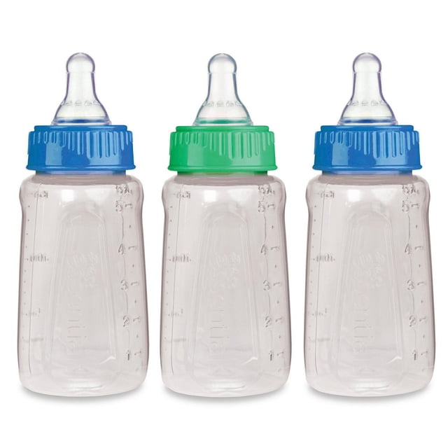 First Essentials by NUK Biberon à Vue Claire 5oz 3PK Ensemble de Biberons à Débit Lent pour Bébé avec Trois Bouteilles en Plastique transparent Indiquées pour le volume, Deux avec Bouchons Bleus et une avec un Bouchon Vert, Chacune Équipée d'Un Tétine Nervurée en silicone transparent Conçue pour Réduire les Coliques et Prévenir l'Affaissement du Tétine, avec Capuchons d'Étanchéité Étanches, Sans BPA et Compatibles Lave-Vaisselle, Convient à l'Alimentation des Nouveau-Nés.