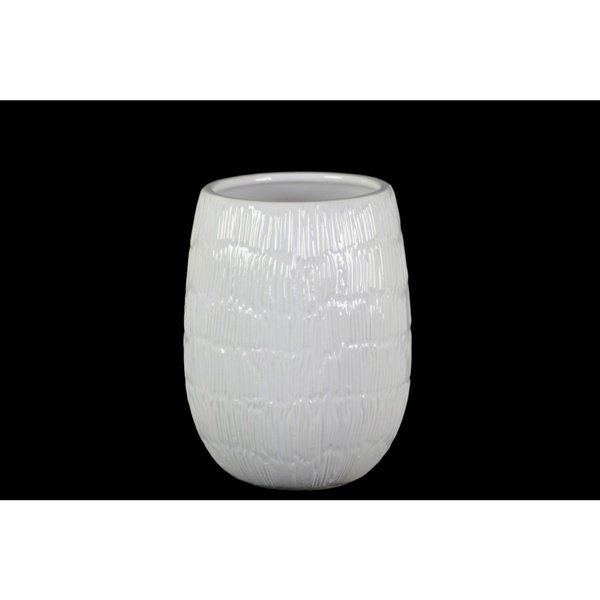 Vase en Céramique de Forme Ronde avec Motif de Lignes Gaufrées, Petit Blanc Brillant