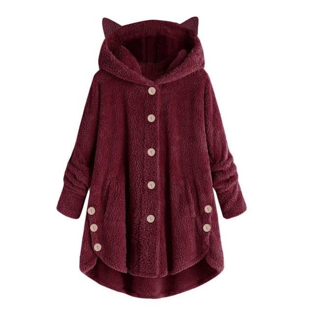 Pompotops Women's Keep Warm Button Down Cardigan Hoodies Cat Ears Irregular Plush Solid Hooded Coat Tops in a deep burgundy colour. This long-sleeve hooded coat features a button-down front, cat ear accents on the hood, and an irregular hemline. Made from soft polyester material, it is designed for casual wear during autumn, winter, and spring. The coat has a cozy plush texture and two side pockets for added functionality.