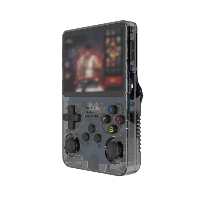 LNGOOR Hand-held Gaming Device Game Console with 3.5-Inch IPS Screen, shown in a transparent plastic design. Features dual joysticks, L/R bumpers, and a 640x480 resolution display. Offers 64GB or 128GB storage options with up to 20,000 pre-installed classic games. Includes a rechargeable battery with 8 hours of playtime and a USB charging cable.